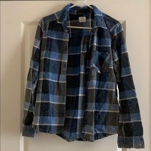 RVCA Distressed Blue Button Up Flannel Print Shirt